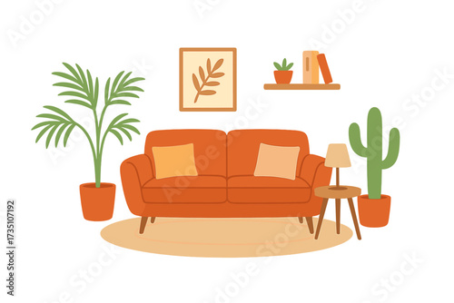 Cozy living room interior. Flat vector illustration. Modern scandinavian hygge design. Home furniture with sofa, house plants and decor. Comfortable apartment concept.