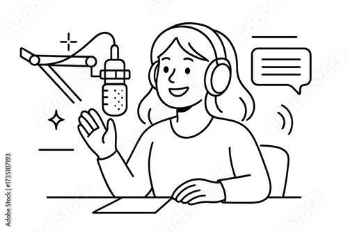 Woman recording a podcast in a studio. Radio host or presenter speaking into a microphone with headphones. Live audio streaming, online broadcast. Vector line art illustration.