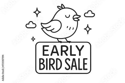 Early bird sale vector icon. Cute bird character on a sign. Special offer, discount, and promotion concept. Line art illustration for retail advertising, marketing, and shopping.