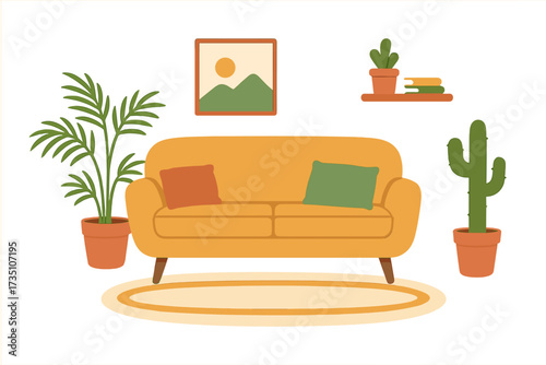 Cozy living room interior design. Scandinavian hygge style concept. Flat vector illustration with sofa, houseplants, rug. Modern apartment furniture for web banner background.