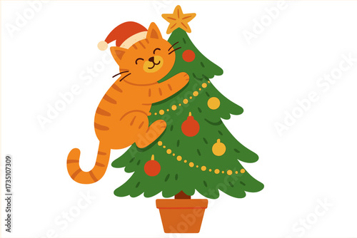 Naughty ginger cat in Santa hat climbing a decorated Christmas tree. Cute funny pet behavior on Xmas holiday. Flat vector illustration for greeting card or festive design.