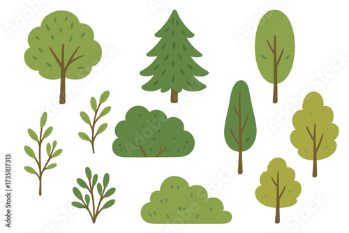 Hand drawn trees set vector illustration. Green plants, branches, and bushes collection. Summer woods and forest elements in a cozy hygge style. Flat cartoon icons isolated.