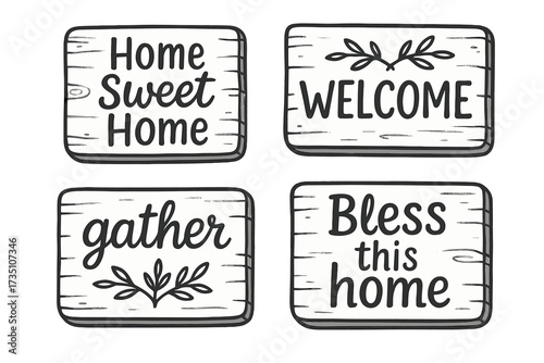 Home decor quotes signs set. Rustic farmhouse wooden sign collection with hand lettering. Welcome, gather, bless this home, home sweet home. Vector cartoon illustration.