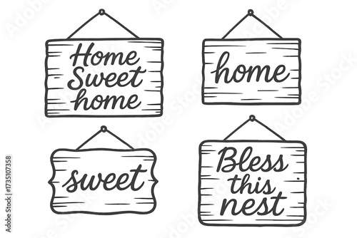 Home decor quotes on rustic wooden signs set. Hand drawn lettering vector. Includes Home Sweet Home and Bless This Nest phrases. Farmhouse style cozy cartoon illustration.