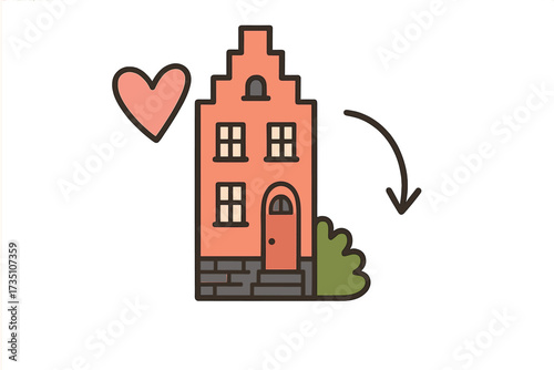 House plus love equals home vector concept. Cute Dutch canal house illustration. Home sweet home. Real estate, property, new home, moving day, housewarming greeting card.