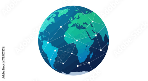 A stylized globe showing interconnected points across continents in shades of blue and green