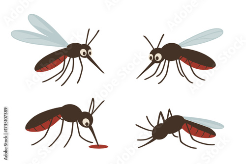 Mosquito insect pest character set for repellent ads. Flying, blood-sucking, and dead cartoon mosquitoes collection. Flat vector illustration for posters, spray, and patches.