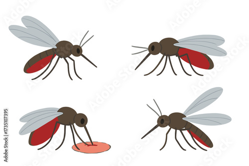 Mosquito insect pest set. Flying, blood-sucking mosquitoes collection. Concept for malaria, dengue, zika virus. Parasite disease transmission. Vector cartoon for repellent ads.