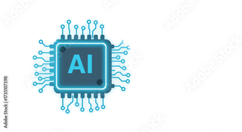 A stylized graphic of a microchip with AI displayed in block letters on its face