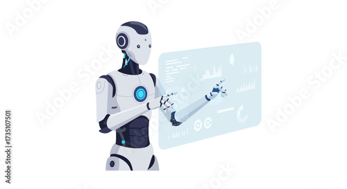 A white robot with blue highlights interacts with a digital screen displaying graphs and data