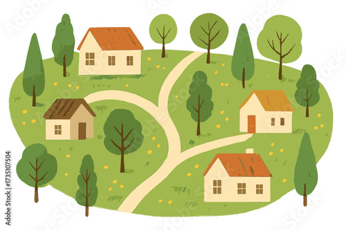 Hand drawn textured spring village map view with houses, roads and trees. Cute cartoon countryside landscape illustration. Rural neighborhood aerial view with green hills and nature.