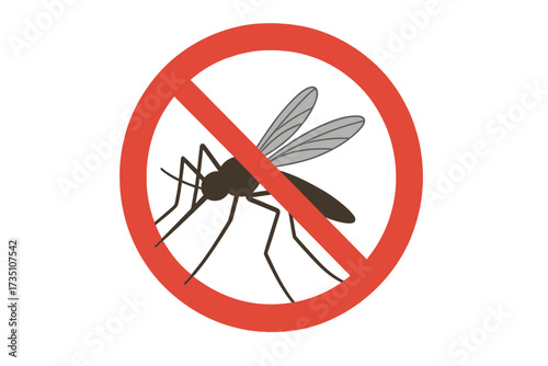 No mosquito sign with red prohibition circle. Stop insect icon for pest control. Protection from diseases like malaria, zika, dengue. Gnat and midge warning vector.
