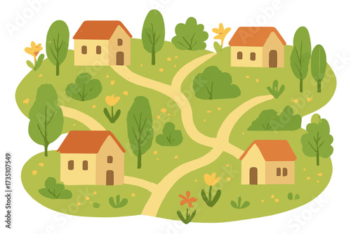 Hand drawn textured village map with cute houses, trees, and roads. Spring countryside landscape. Real estate concept. Neighborhood aerial view. Cartoon flat vector illustration.