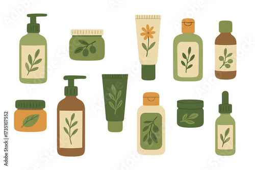 Organic cosmetic packaging big set. Collection of bottles, jars, tubes. Herbal cosmetics concept. Natural face care products. Skincare routine illustration for eco beauty.
