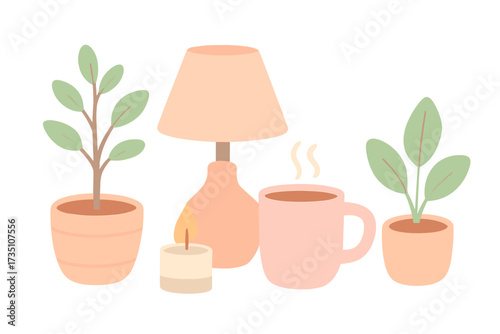 Cozy hygge scene with lamp, cup of hot coffee, and houseplants. Home comfort and relaxation concept. Vector still life illustration in pastel colors for interior decor design.