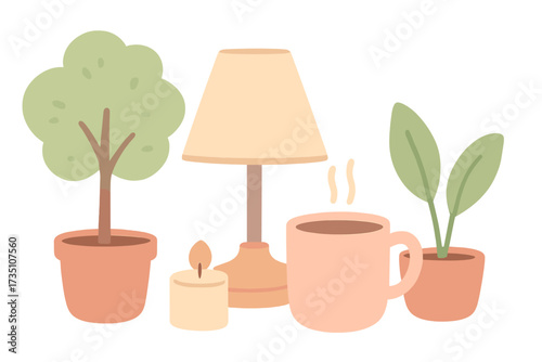 Cozy hygge scene illustration in pastel colors. Vector composition with home decor elements: lamp, candle, potted plant, and a hot cup of coffee or tea for relaxation.
