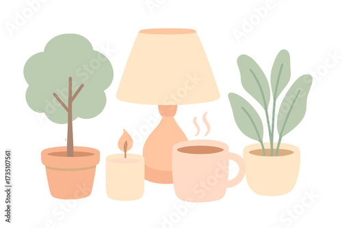 Cozy hygge scene with home decor elements. Pastel color vector illustration with lamp, cup of coffee, houseplant, candle. Concept for relaxation, comfort, and simple lifestyle.