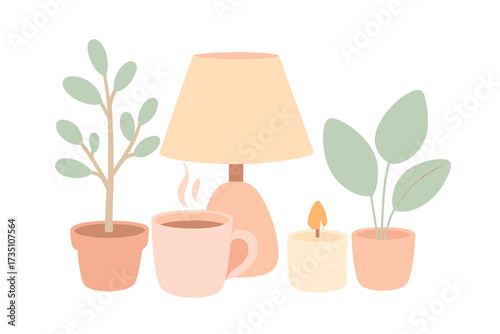 Cozy hygge lifestyle concept vector. Pastel color illustration with home decor. Lamp, hot coffee cup, potted houseplants, and burning candle. Isolated flat design for comfort.