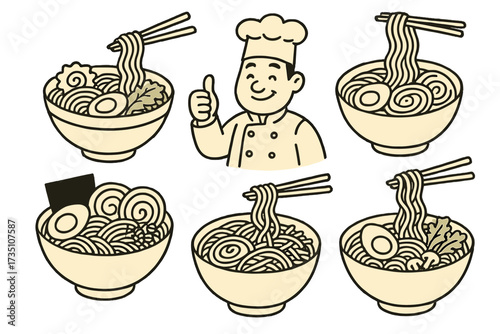 Ramen doodle set. Hand drawn vector illustration collection of Japanese noodle bowls and a chef. Asian food cartoon icons for menu, restaurant, or fast food concept.