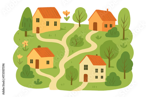 Hand drawn village map illustration. Cute cartoon houses on green hills with trees and roads. Scenic countryside landscape aerial view. Real estate, community, and neighborhood concept.