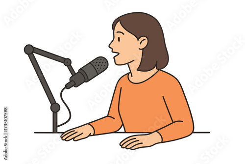 Radio host with professional mic, flat vector illustration. Media hosting concept. Female podcaster profile speaking to microphone. Broadcaster streaming audio for show or interview.