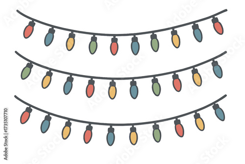 Christmas lights garland. Colorful hanging lamp. Festive holiday decoration concept. Hand drawn flat vector. New Year party celebration. Winter season retro string bulb set.