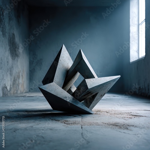 Modern abstract geometric sculpture made of concrete in an empty industrial space with natural lighting