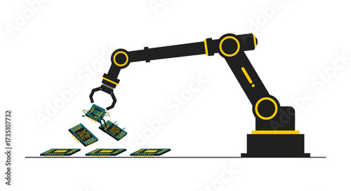 An industrial robotic arm assembling circuit boards on a production line