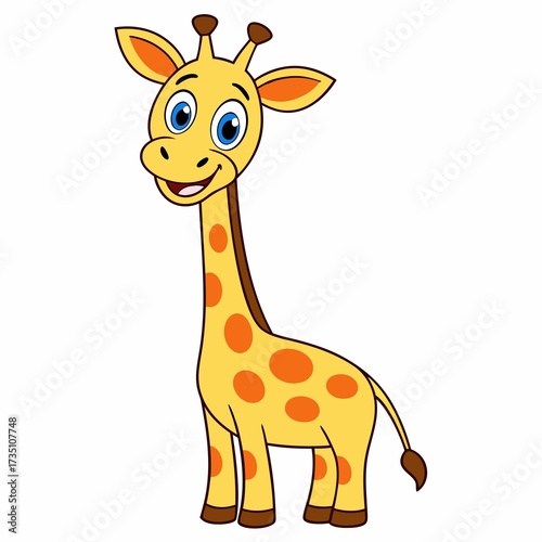 A Cheerful Cartoon Giraffe Standing Tall with Orange Spots and a Warm Smile on a White Background