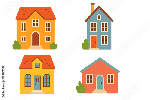 Set of bright colorful houses. Flat vector illustration of cute cartoon homes. Real estate icons. Building facades for village or town concept design. Isolated architecture elements.