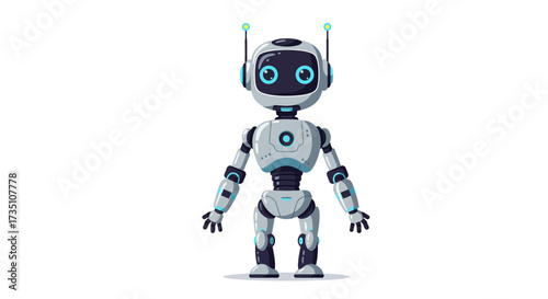Animated robot with a grey body large eyes and two antennae standing on a white background