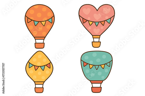 Set of cute hot air balloons, including heart shape. Isolated collection of flat airships with celebration bunting. Hand drawn cartoon vector elements for nursery print or card.