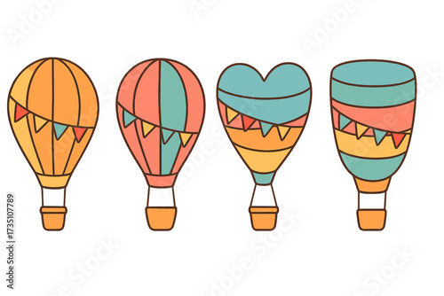 Set of cute hot air balloons in various shapes, including a heart. Collection of isolated flat vector air balloons with celebration flags for party, print, and card design.