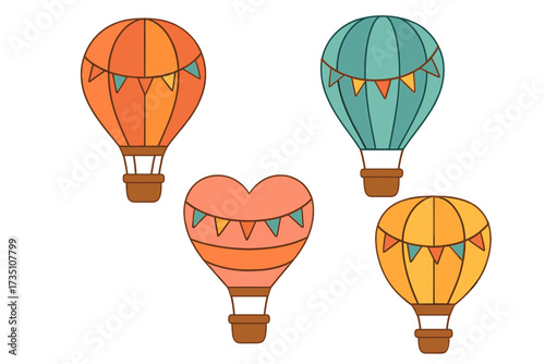 Set of cute colorful hot air balloons vector illustration. Flat design air balloon collection with festive flags for baby shower, nursery art, kids party and travel concept.