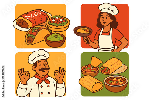 Set of Mexican food illustrations with male and female chefs. Vector cartoon collection featuring traditional dishes like tacos, burritos, tamales, enchiladas, and guacamole.