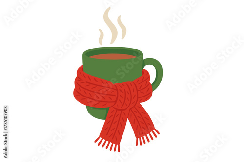 Cozy winter hygge concept with a hot drink. Green mug of coffee or cocoa wrapped in a red knitted scarf. Warm sweet beverage for Christmas. Vector flat hand drawn illustration.