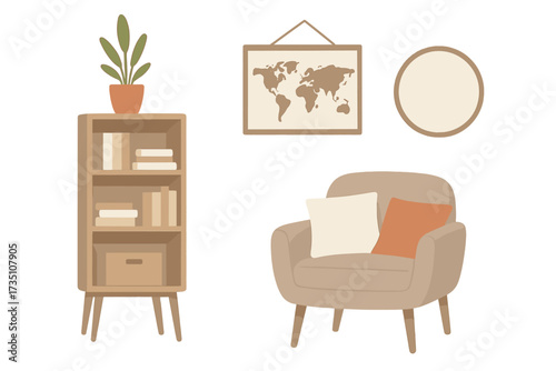 Cozy living room interior design set. Scandinavian style furniture collection. Modern armchair, bookcase, world map, mirror, plant. Hygge home decor flat vector illustration.
