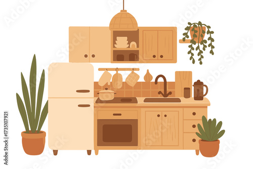 Cozy kitchen interior in scandinavian hygge style. Stylish room design with wooden furniture, retro fridge and house plants. Flat vector illustration for home decor concept.