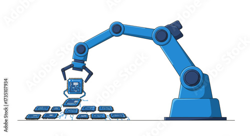 Blue robotic arm lifting circuit board amidst scattered chips on a white background