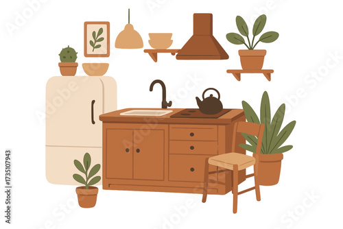 Cozy small kitchen interior in hygge and lagom scandinavian design. Stylish room with furniture, fridge, stove, and plants. Home decor and lifestyle concept. Flat vector illustration.