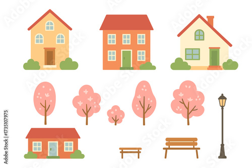 Spring town constructor set. City builder elements. Vector flat cartoon houses, buildings, blooming trees, bench, and street lamp. Suburban neighborhood graphic resources for map.