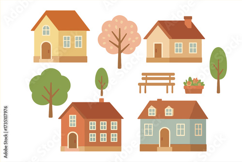 Spring town constructor set with cute cartoon houses and city elements. Vector flat illustration of buildings, trees, and a park bench. Infographic assets for cityscape design.