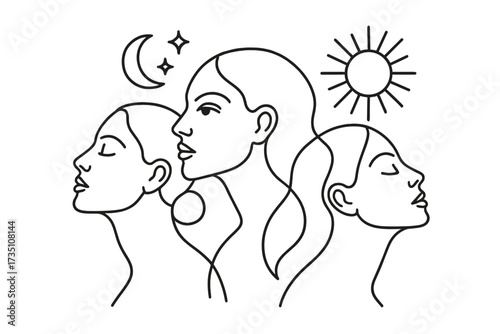 Women unity sisterhood concept in one line drawing. Female faces with sun, moon, stars. Abstract black and white aesthetic illustration. Trendy glamour girl silhouette vector.