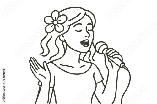 Woman singing into microphone, a beautiful female vocalist with a flower in her hair. Line art vector illustration concept for music, performance, concert, karaoke, or solo artist.