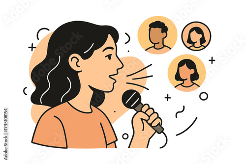 Woman speaking in microphone. Podcasting, online conference concept. Female face in profile. Social audio app, clubhouse invite. Trendy abstract linear vector illustration.