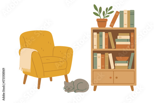 Cozy reading corner with yellow armchair, bookshelf, and sleeping cat. Scandinavian home interior. Concept of hygge, comfort and relaxation. Vector flat illustration.