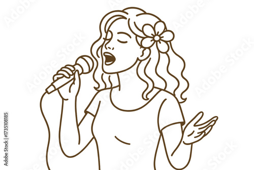 Woman singing into a microphone, a female vocalist with a flower in her hair. Vector linear illustration of a music performance, concert, or karaoke. Beautiful young pop singer.