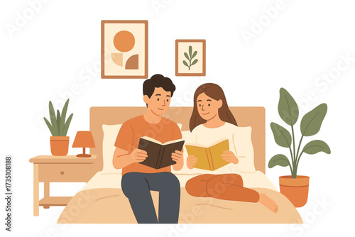 Young couple reading books in bed. Man and woman together in a cozy bedroom. Love, relationship, and relaxation concept. Home lifestyle and hobby. Flat vector illustration.