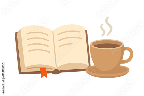 Open book and hot coffee cup. Readers gonna read quote. Flat vector for education, study, or leisure. Cozy morning reading hobby concept. Literature, knowledge, and learning.