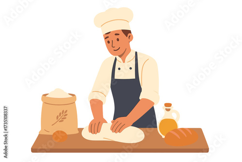 Male baker character kneading dough. Professional cook in uniform and chef's hat working in a bakery. Man preparing bread with flour, egg and oil. Culinary concept vector illustration.